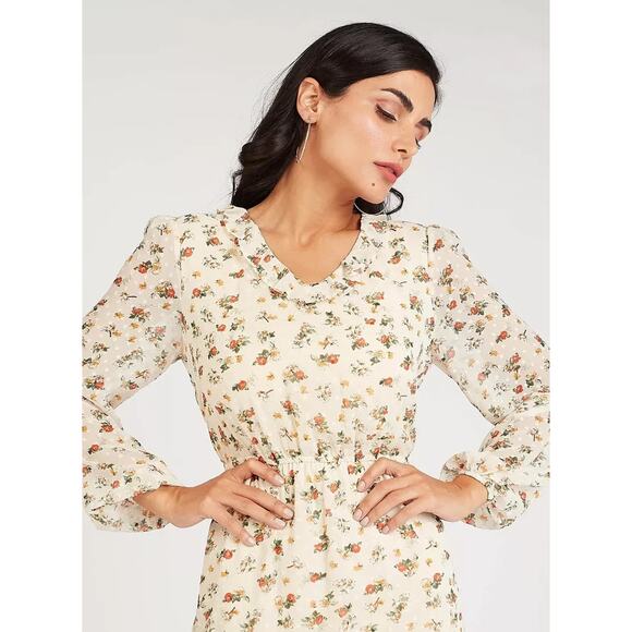 SPLASH Floral Dots Sheer Long Sleeves Ruffle Dress Ivory Green Orange Lined 14 - Picture 2 of 15